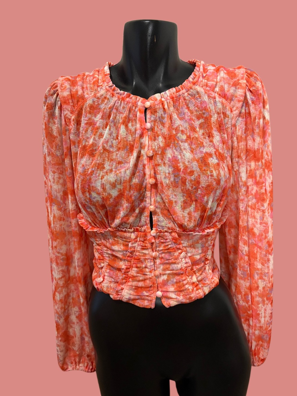 Anthropologie Multi Color Pattern Orange Coral Long Sleeve Button Up Blouse